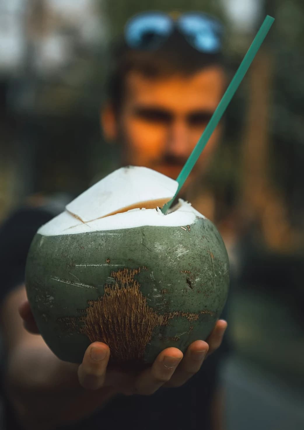 Fresh harvested coconut held in hand