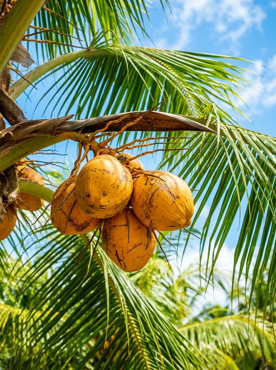 Golden coconut cluster on palm fronds