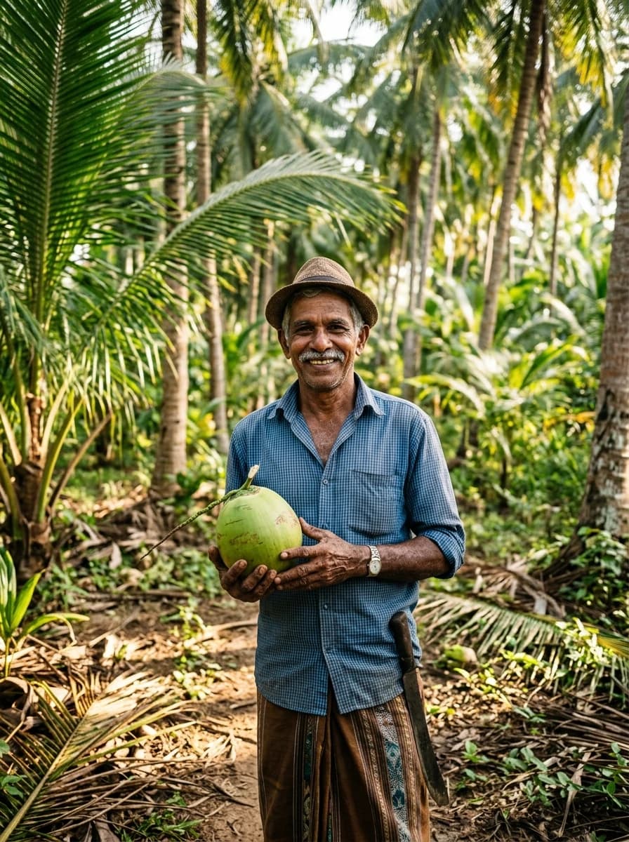 Coconut farmer harvesting fresh coconuts