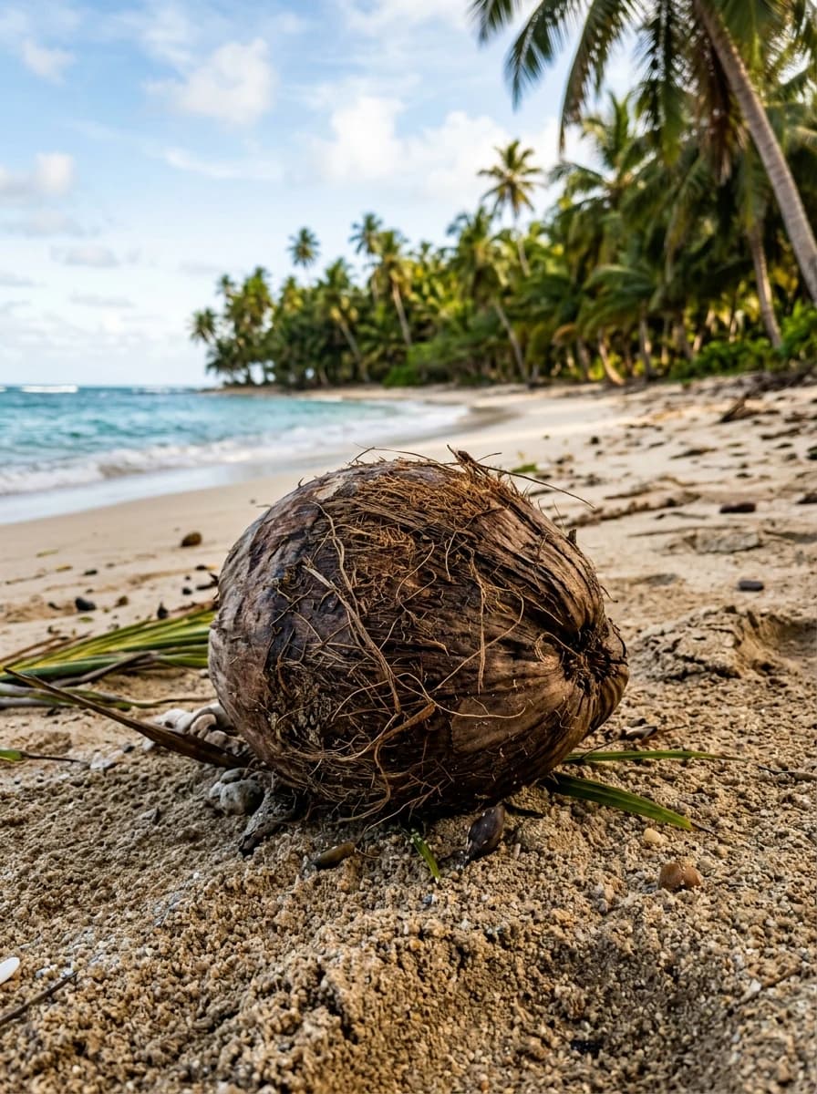 Coconut with husk on sandy tropical beach