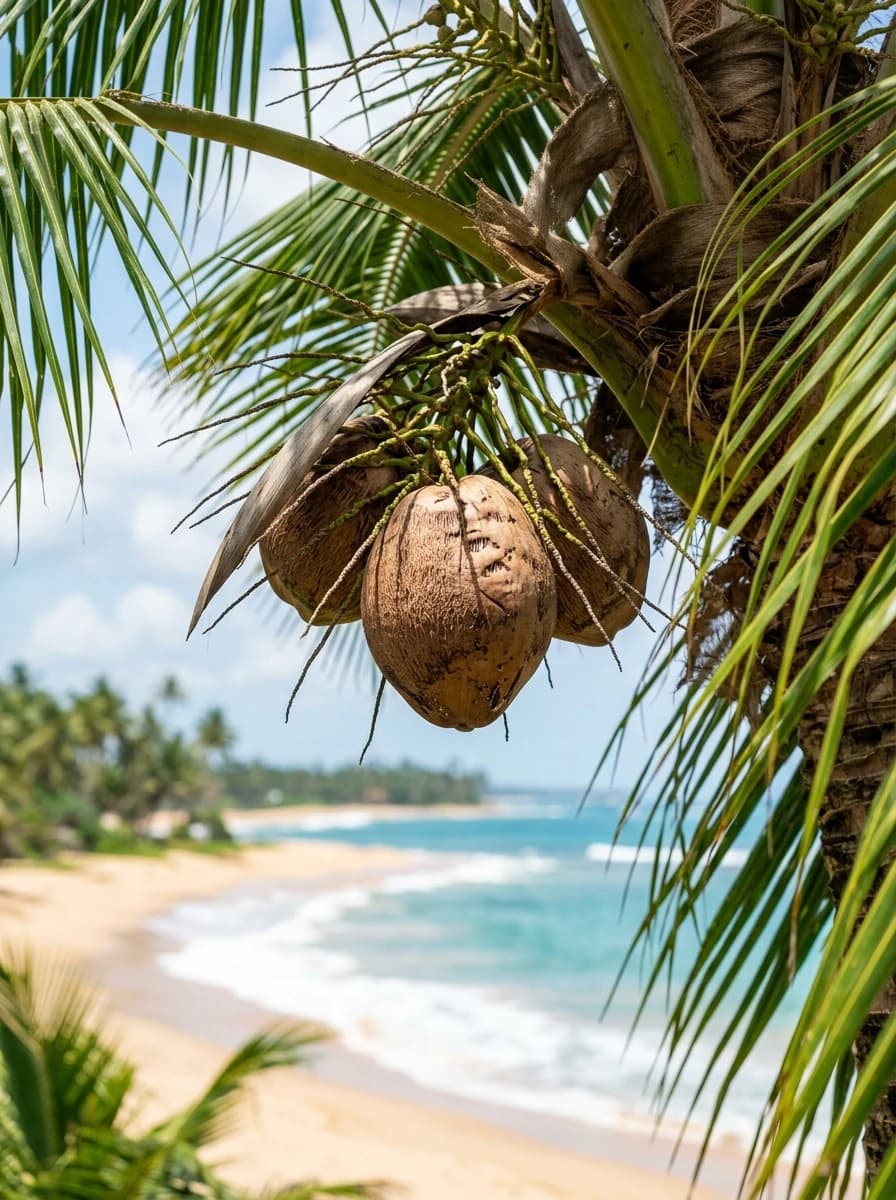 Coconut hanging on palm tree with beach view