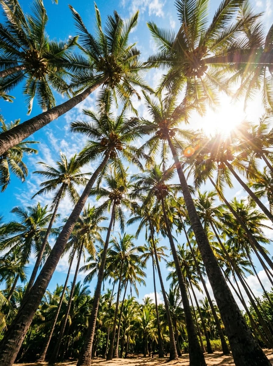 Tall palm trees reaching into bright sunny sky