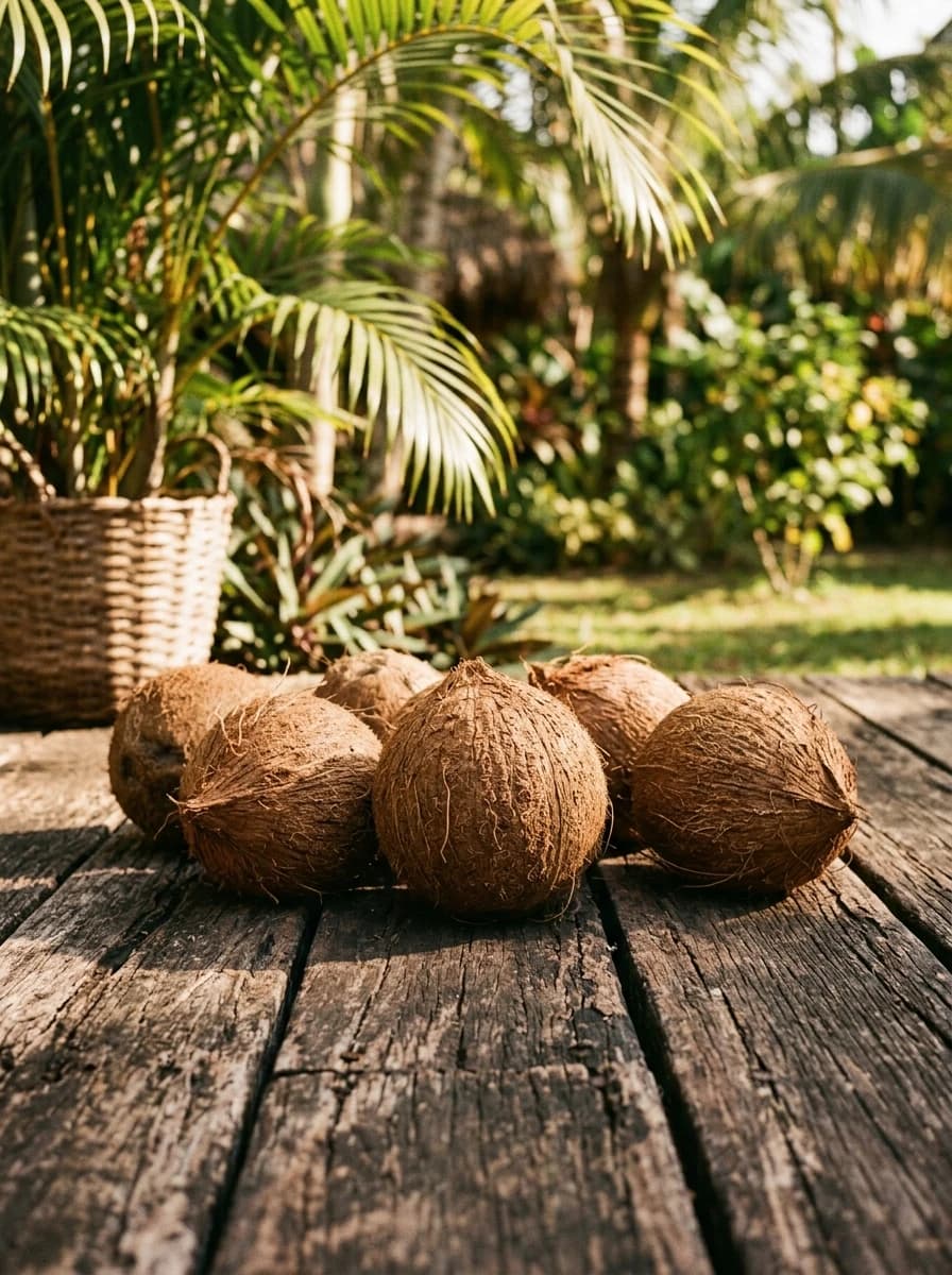 Ripe brown coconuts on wooden surface